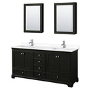 Wyndham Deborah 72" Double Bathroom Vanity In Dark Espresso With White Cultured Marble Countertop Undermount Square Sinks And Medicine Cabinets WCS202072DDEWCUNSMED