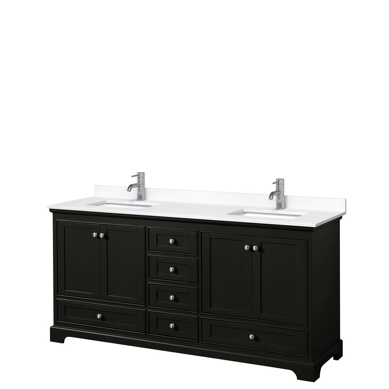 Wyndham Deborah 72" Double Bathroom Vanity In Dark Espresso With White Cultured Marble Countertop Undermount Square Sinks And No Mirrors WCS202072DDEWCUNSMXX