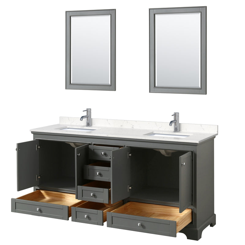 Wyndham Deborah 72" Double Bathroom Vanity In Dark Gray with Light-Vein Carrara Cultured Marble Countertop Undermount Square Sinks and 24" Mirrors WCS202072DKGC2UNSM24