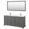 Wyndham Deborah 72" Double Bathroom Vanity In Dark Gray With Light-Vein Carrara Cultured Marble Countertop Undermount Square Sinks And 70" Mirror WCS202072DKGC2UNSM70