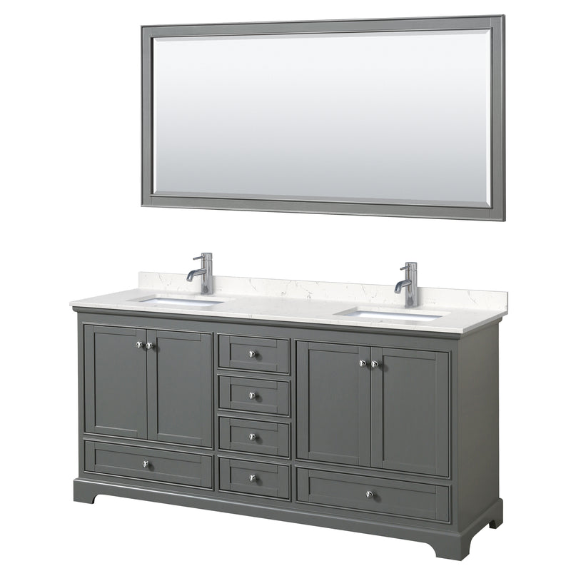 Wyndham Deborah 72" Double Bathroom Vanity In Dark Gray With Light-Vein Carrara Cultured Marble Countertop Undermount Square Sinks And 70" Mirror WCS202072DKGC2UNSM70