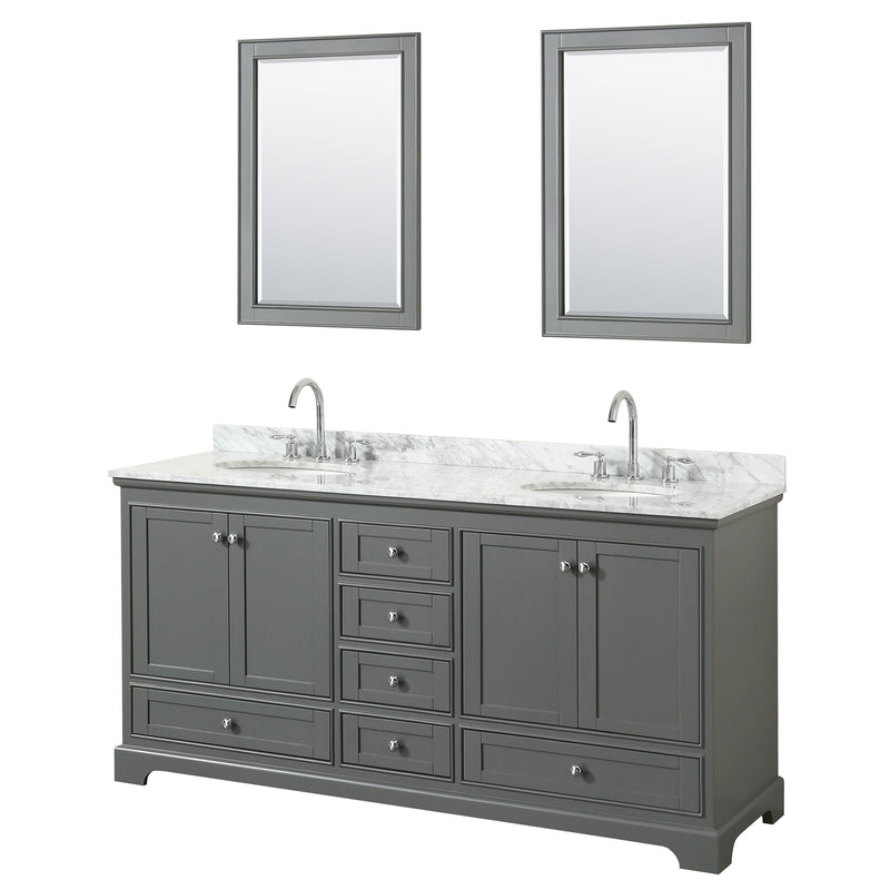 Wyndham Deborah 72" Double Bathroom Vanity In Dark Gray With White Carrara Marble Countertop Undermount Oval Sinks And 24" Mirrors WCS202072DKGCMUNOM24