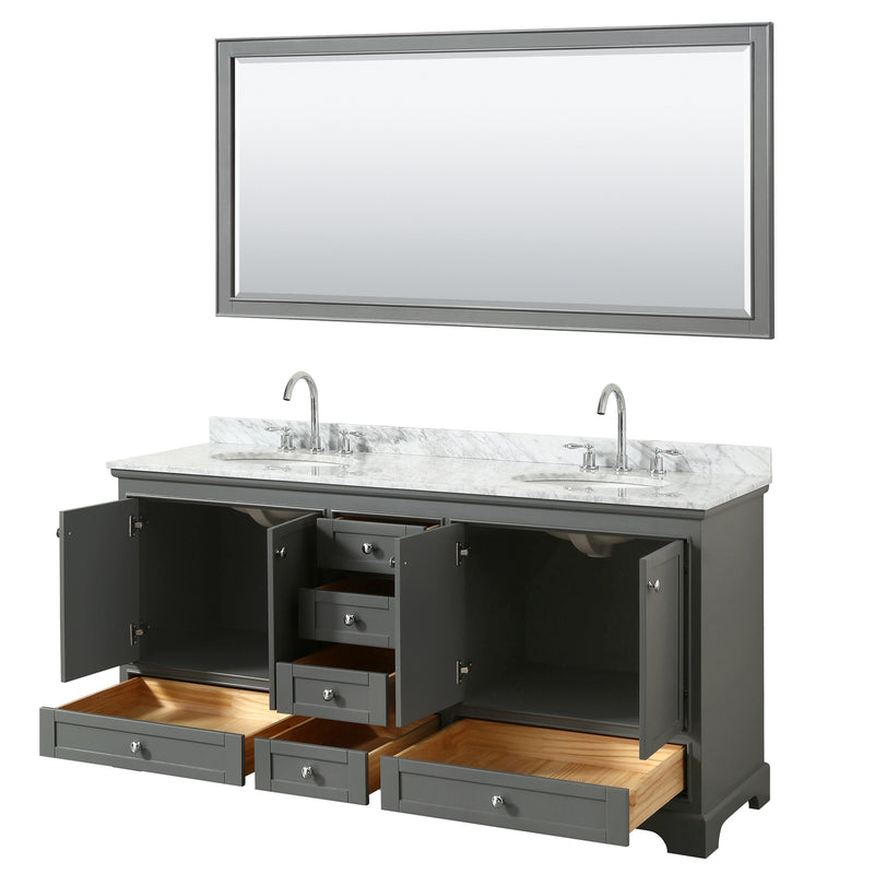 Wyndham Deborah 72" Double Bathroom Vanity In Dark Gray White Carrara Marble Countertop Undermount Oval Sink and 70" Mirror WCS202072DKGCMUNOM70