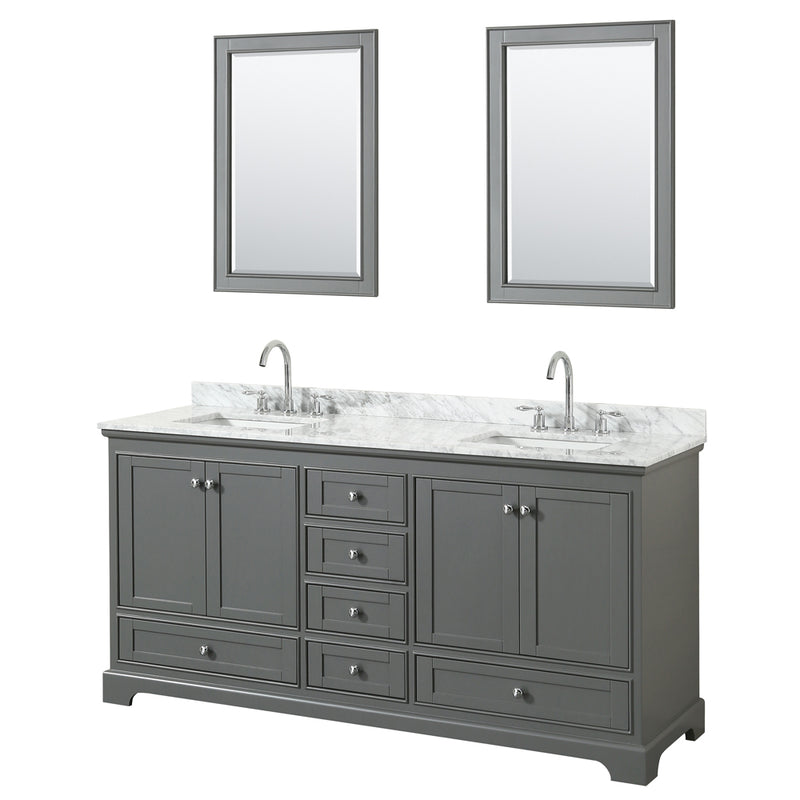 Wyndham Deborah 72" Double Bathroom Vanity In Dark Gray With White Carrara Marble Countertop Undermount Square Sinks And 24" Mirrors WCS202072DKGCMUNSM24