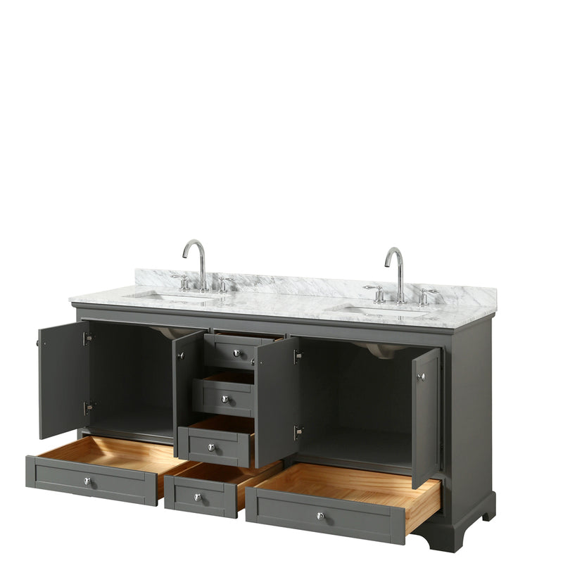 Wyndham Deborah 72" Double Bathroom Vanity In Dark Gray with White Carrara Marble Countertop Undermount Square Sinks and No Mirrors WCS202072DKGCMUNSMXX