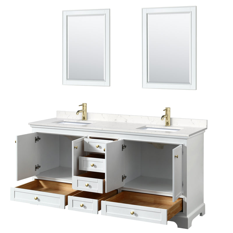 Wyndham Deborah 72" Double Bathroom Vanity In White with Light-Vein Carrara Cultured Marble Countertop Undermount Square Sinks Brushed Gold Trims and 24" Mirrors WCS202072DWGC2UNSM24