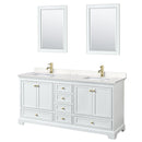 Wyndham Deborah 72" Double Bathroom Vanity In White With Light-Vein Carrara Cultured Marble Countertop Undermount Square Sinks Brushed Gold Trims And 24" Mirrors WCS202072DWGC2UNSM24