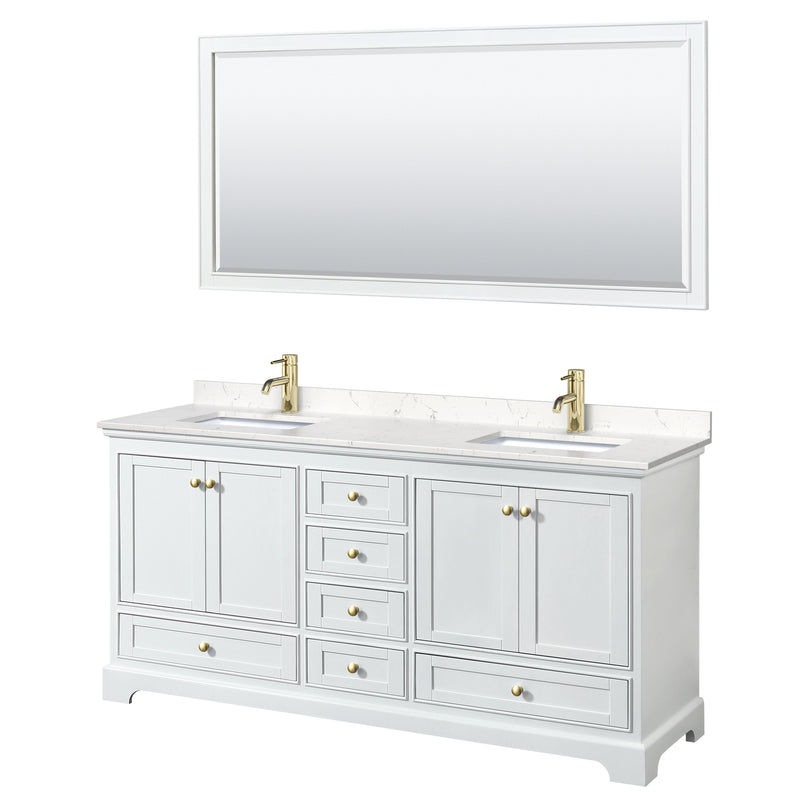 Wyndham Deborah 72" Double Bathroom Vanity In White With Light-Vein Carrara Cultured Marble Countertop Undermount Square Sinks Brushed Gold Trims And 70" Mirror WCS202072DWGC2UNSM70