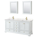 Wyndham Deborah 72" Double Bathroom Vanity In White With Light-Vein Carrara Cultured Marble Countertop Undermount Square Sinks Brushed Gold Trims And Medicine Cabinets WCS202072DWGC2UNSMED