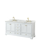 Wyndham Deborah 72" Double Bathroom Vanity In White With White Carrara Marble Countertop Undermount Oval Sinks Brushed Gold Trims And No Mirrors WCS202072DWGCMUNOMXX