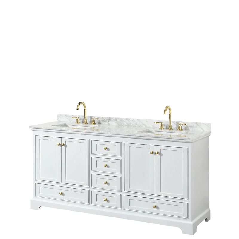 Wyndham Deborah 72" Double Bathroom Vanity In White With White Carrara Marble Countertop Undermount Square Sinks Brushed Gold Trims And No Mirrors WCS202072DWGCMUNSMXX