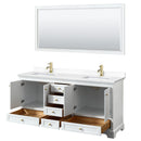 Wyndham Deborah 72" Double Bathroom Vanity In White with White Cultured Marble Countertop Undermount Square Sinks Brushed Gold Trims and 70" Mirror WCS202072DWGWCUNSM70