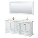 Wyndham Deborah 72" Double Bathroom Vanity In White With White Cultured Marble Countertop Undermount Square Sinks Brushed Gold Trims And 70" Mirror WCS202072DWGWCUNSM70