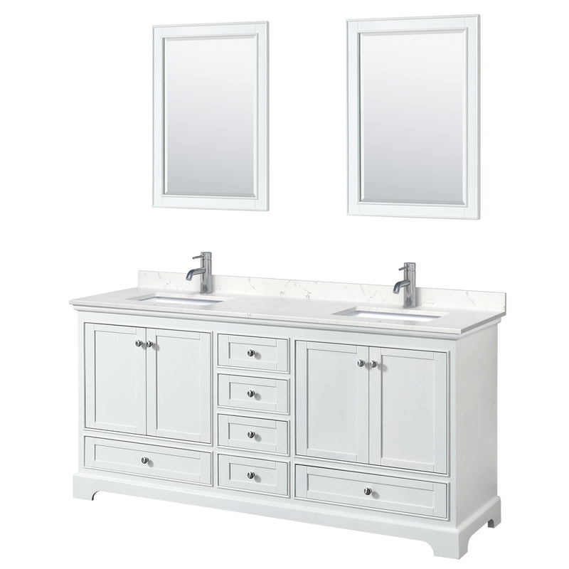 Wyndham Deborah 72" Double Bathroom Vanity In White With Light-Vein Carrara Cultured Marble Countertop Undermount Square Sinks And 24" Mirrors WCS202072DWHC2UNSM24