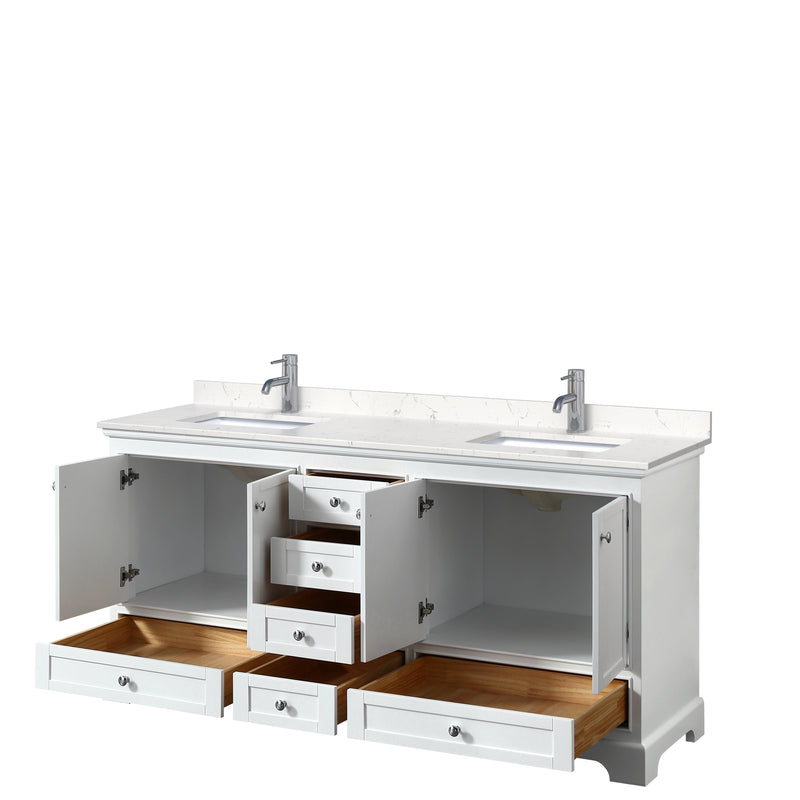 Wyndham Deborah 72" Double Bathroom Vanity In White with Light-Vein Carrara Cultured Marble Countertop Undermount Square Sinks and No Mirrors WCS202072DWHC2UNSMXX