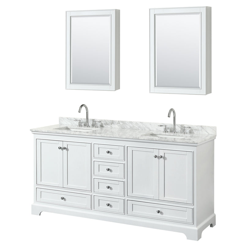 Wyndham Deborah 72" Double Bathroom Vanity In White With White Carrara Marble Countertop Undermount Square Sinks And Medicine Cabinets WCS202072DWHCMUNSMED