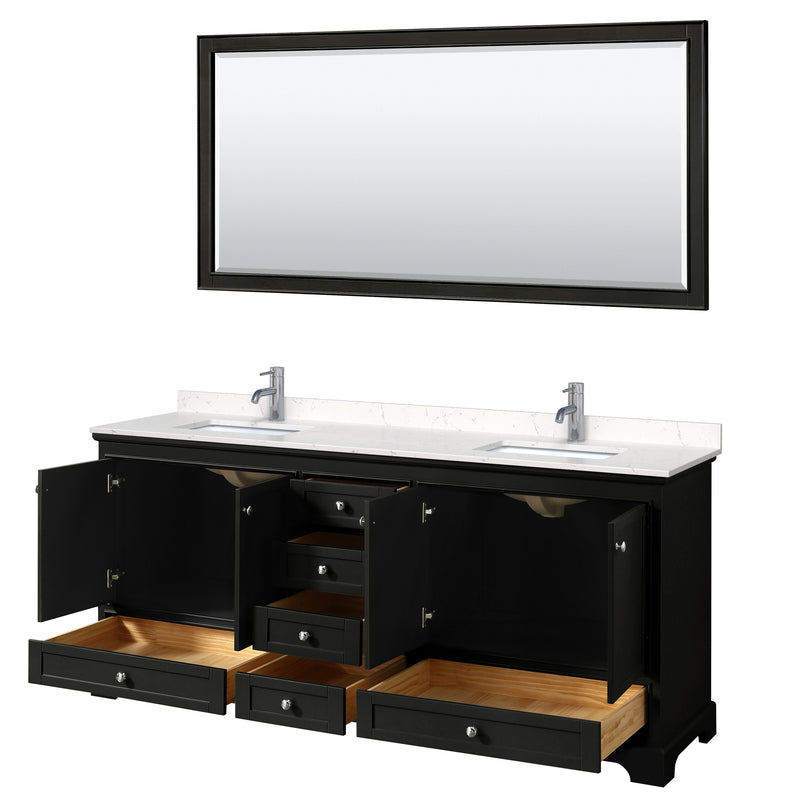 Wyndham Deborah 80" Double Bathroom Vanity In Dark Espresso with Light-Vein Carrara Cultured Marble Countertop Undermount Square Sinks and 70" Mirror WCS202080DDEC2UNSM70