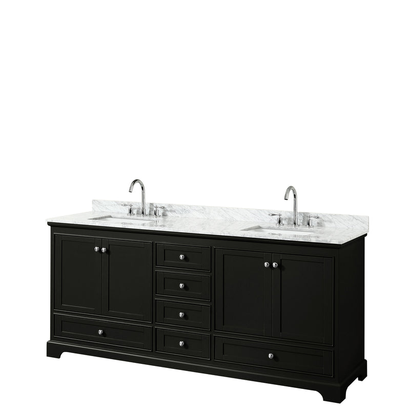 Wyndham Deborah 80" Double Bathroom Vanity In Dark Espresso White Carrara Marble Countertop Undermount Square Sink And No Mirror WCS202080DDECMUNSMXX