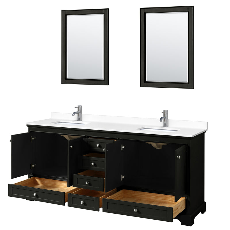 Wyndham Deborah 80" Double Bathroom Vanity In Dark Espresso with White Cultured Marble Countertop Undermount Square Sinks and 24" Mirrors WCS202080DDEWCUNSM24