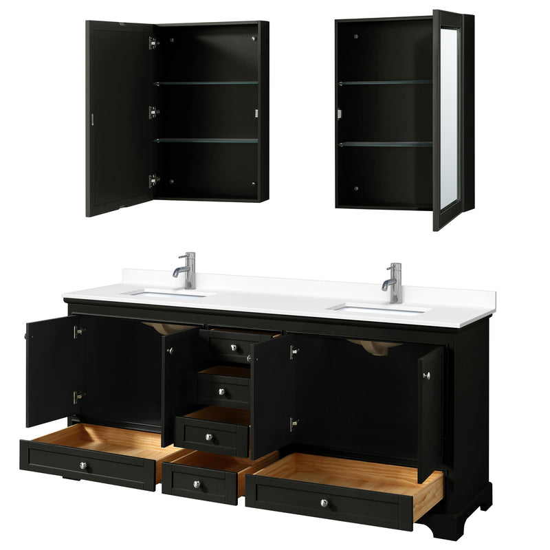 Wyndham Deborah 80" Double Bathroom Vanity In Dark Espresso with White Cultured Marble Countertop Undermount Square Sinks and Medicine Cabinets WCS202080DDEWCUNSMED