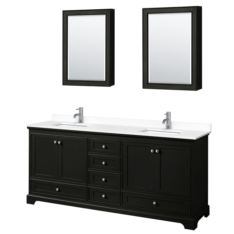 Wyndham Deborah 80" Double Bathroom Vanity In Dark Espresso With White Cultured Marble Countertop Undermount Square Sinks And Medicine Cabinets WCS202080DDEWCUNSMED