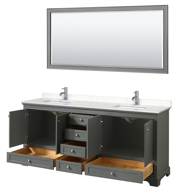 Wyndham Deborah 80" Double Bathroom Vanity In Dark Gray with Light-Vein Carrara Cultured Marble Countertop Undermount Square Sinks and 70" Mirror WCS202080DKGC2UNSM70