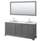 Wyndham Deborah 80" Double Bathroom Vanity In Dark Gray White Carrara Marble Countertop Undermount Oval Sink And 70" Mirror WCS202080DKGCMUNOM70