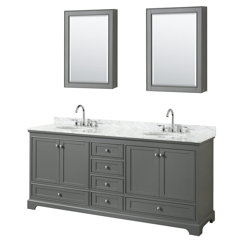 Wyndham Deborah 80" Double Bathroom Vanity In Dark Gray With White Carrara Marble Countertop Undermount Oval Sinks And Medicine Cabinets WCS202080DKGCMUNOMED