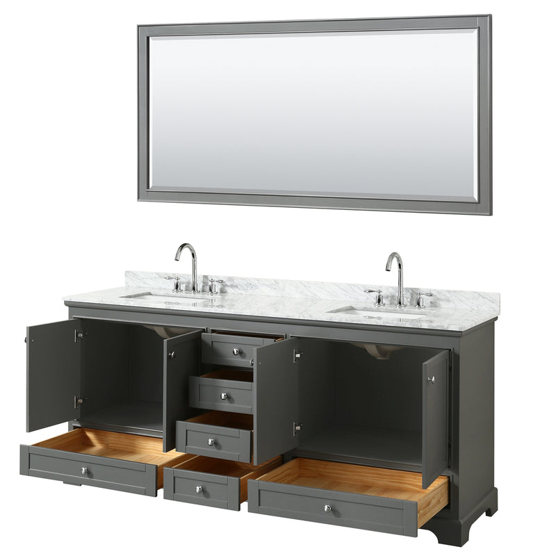 Wyndham Deborah 80" Double Bathroom Vanity In Dark Gray White Carrara Marble Countertop Undermount Square Sink and 70" Mirror WCS202080DKGCMUNSM70