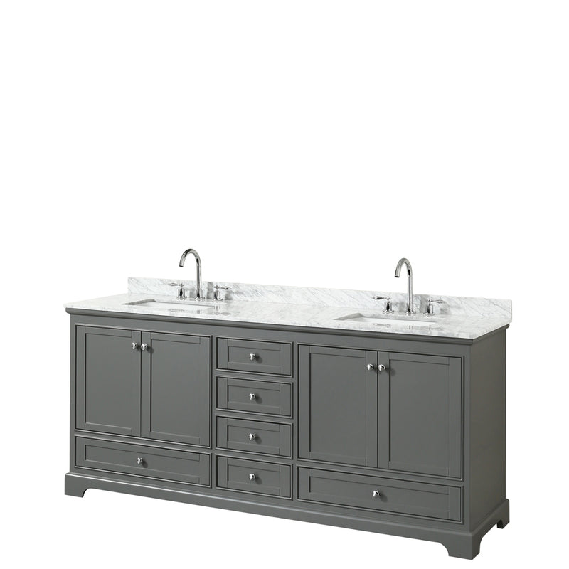 Wyndham Deborah 80" Double Bathroom Vanity In Dark Gray With White Carrara Marble Countertop Undermount Square Sinks And No Mirrors WCS202080DKGCMUNSMXX