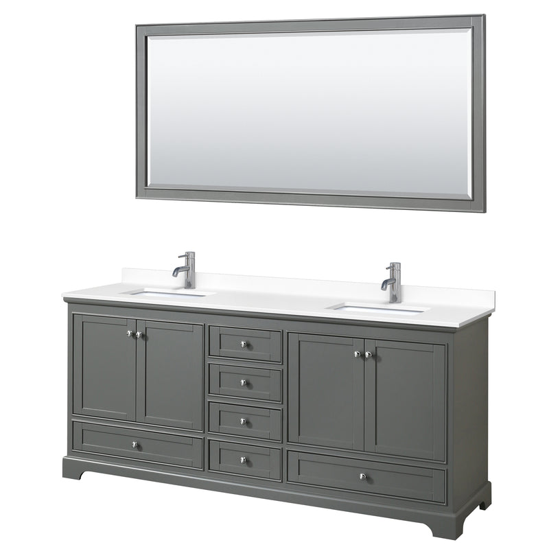 Wyndham Deborah 80" Double Bathroom Vanity In Dark Gray With White Cultured Marble Countertop Undermount Square Sinks And 70" Mirror WCS202080DKGWCUNSM70