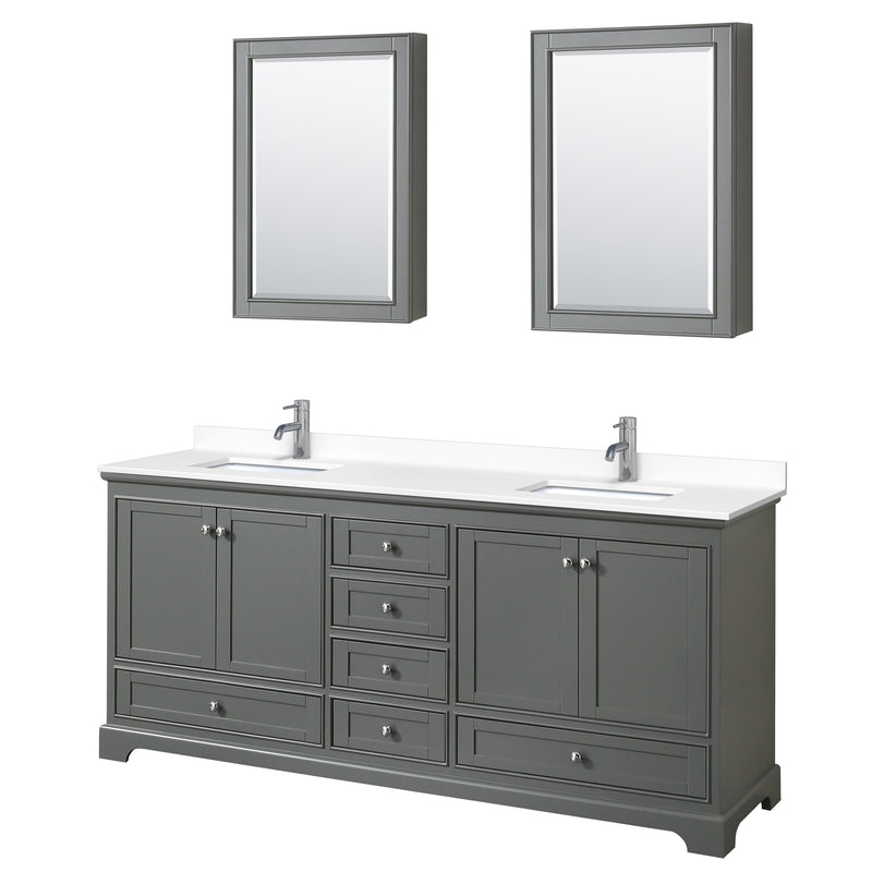 Wyndham Deborah 80" Double Bathroom Vanity In Dark Gray With White Cultured Marble Countertop Undermount Square Sinks And Medicine Cabinets WCS202080DKGWCUNSMED