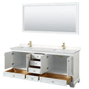 Wyndham Deborah 80" Double Bathroom Vanity In White with Light-Vein Carrara Cultured Marble Countertop Undermount Square Sinks Brushed Gold Trims and 70" Mirror WCS202080DWGC2UNSM70