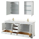 Wyndham Deborah 80" Double Bathroom Vanity In White with Light-Vein Carrara Cultured Marble Countertop Undermount Square Sinks Brushed Gold Trims and Medicine Cabinets WCS202080DWGC2UNSMED