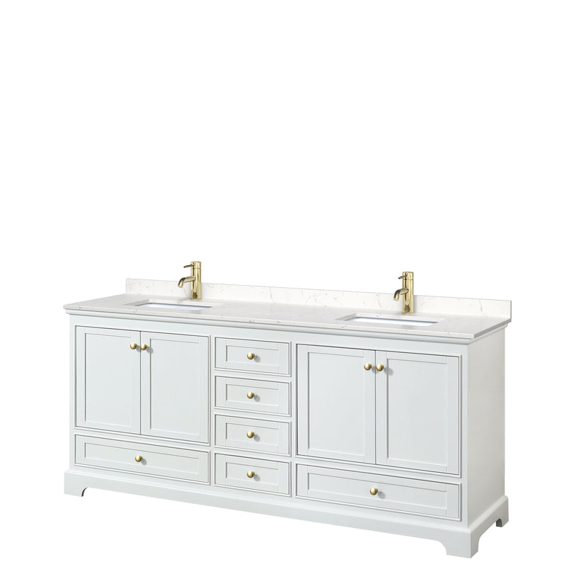 Wyndham Deborah 80" Double Bathroom Vanity In White With Light-Vein Carrara Cultured Marble Countertop Undermount Square Sinks Brushed Gold Trims And No Mirrors WCS202080DWGC2UNSMXX