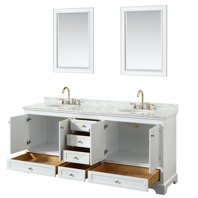 Wyndham Deborah 80" Double Bathroom Vanity In White with White Carrara Marble Countertop Undermount Oval Sinks Brushed Gold Trims and 24" Mirrors WCS202080DWGCMUNOM24