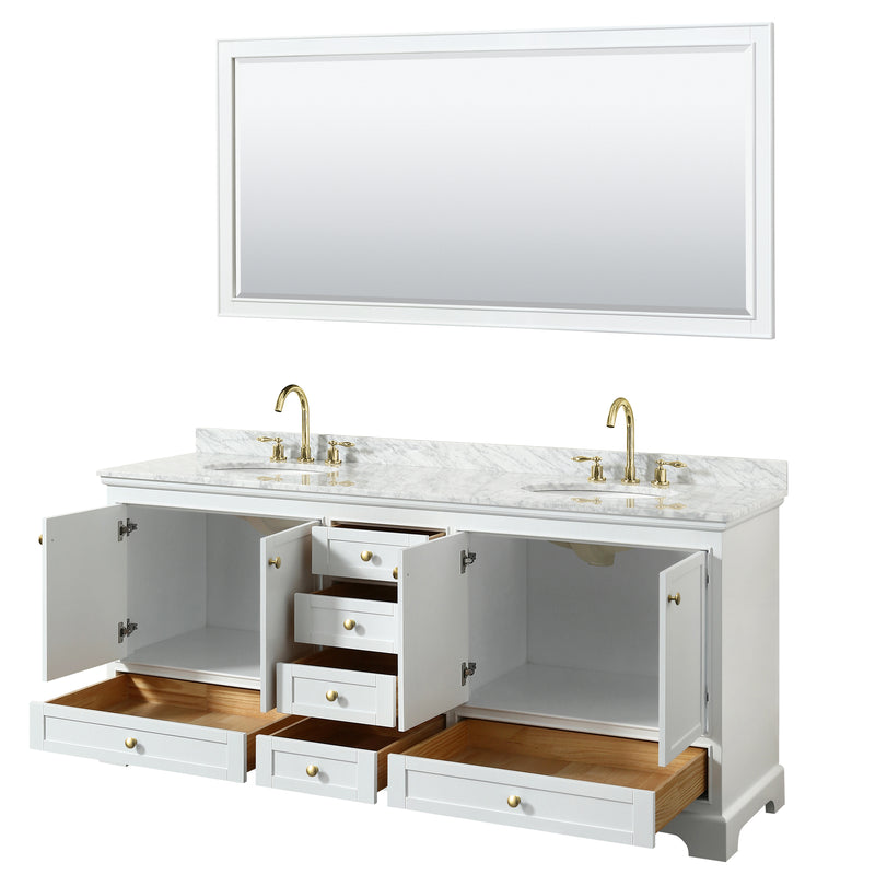 Wyndham Deborah 80" Double Bathroom Vanity In White with White Carrara Marble Countertop Undermount Oval Sinks Brushed Gold Trims and 70" Mirror WCS202080DWGCMUNOM70