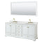 Wyndham Deborah 80" Double Bathroom Vanity In White With White Carrara Marble Countertop Undermount Oval Sinks Brushed Gold Trims And 70" Mirror WCS202080DWGCMUNOM70