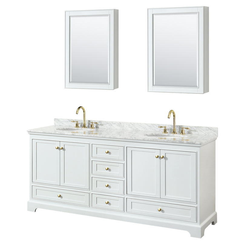 Wyndham Deborah 80" Double Bathroom Vanity In White With White Carrara Marble Countertop Undermount Oval Sinks Brushed Gold Trims And Medicine Cabinets WCS202080DWGCMUNOMED