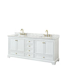 Wyndham Deborah 80" Double Bathroom Vanity In White With White Carrara Marble Countertop Undermount Square Sinks Brushed Gold Trims And No Mirrors WCS202080DWGCMUNSMXX