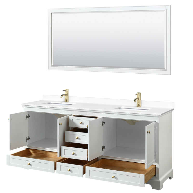 Wyndham Deborah 80" Double Bathroom Vanity In White with White Cultured Marble Countertop Undermount Square Sinks Brushed Gold Trims and 70" Mirror WCS202080DWGWCUNSM70