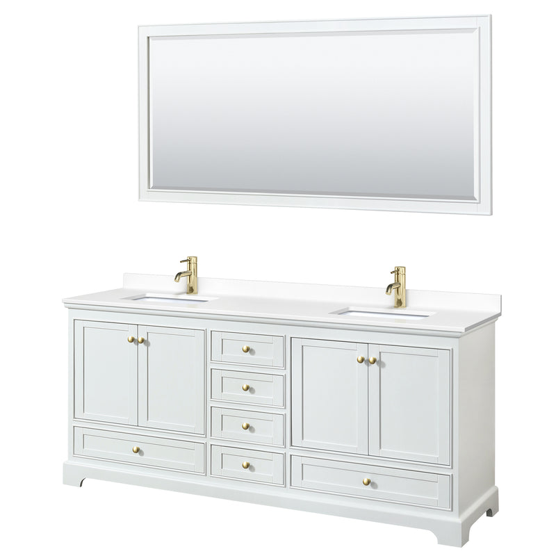 Wyndham Deborah 80" Double Bathroom Vanity In White With White Cultured Marble Countertop Undermount Square Sinks Brushed Gold Trims And 70" Mirror WCS202080DWGWCUNSM70