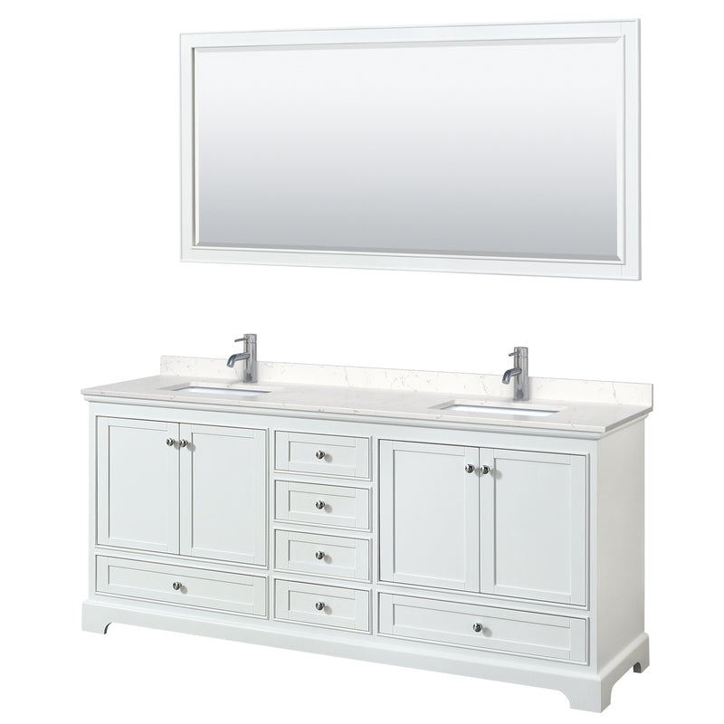 Wyndham Deborah 80" Double Bathroom Vanity In White With Light-Vein Carrara Cultured Marble Countertop Undermount Square Sinks And 70" Mirror WCS202080DWHC2UNSM70