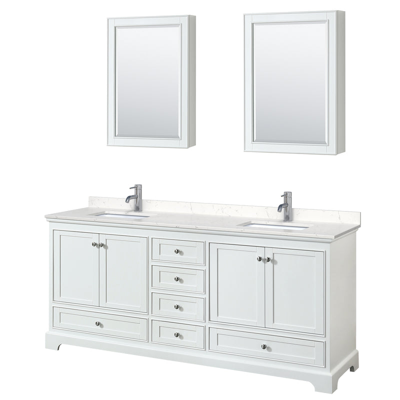 Wyndham Deborah 80" Double Bathroom Vanity In White With Light-Vein Carrara Cultured Marble Countertop Undermount Square Sinks And Medicine Cabinets WCS202080DWHC2UNSMED