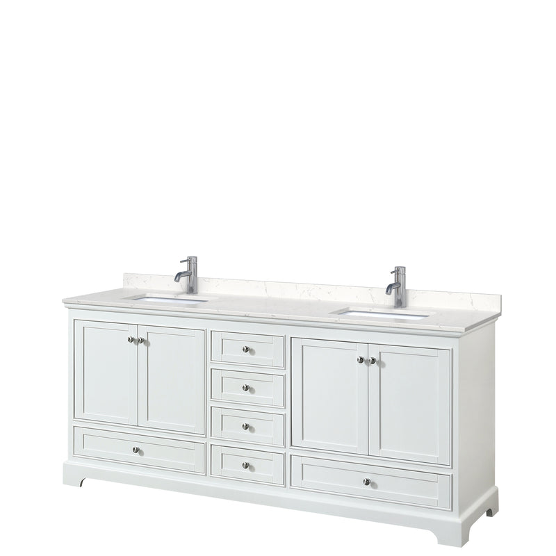 Wyndham Deborah 80" Double Bathroom Vanity In White With Light-Vein Carrara Cultured Marble Countertop Undermount Square Sinks And No Mirrors WCS202080DWHC2UNSMXX