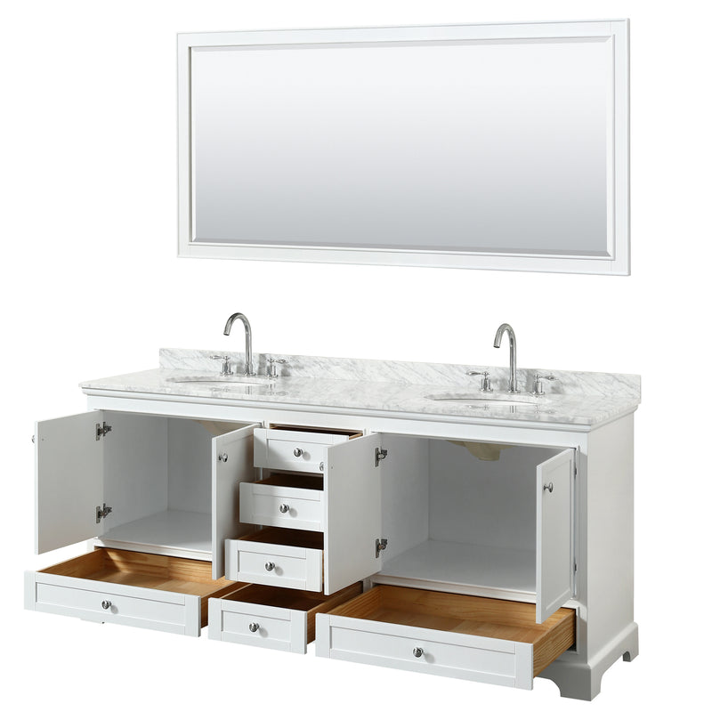 Wyndham Deborah 80" Double Bathroom Vanity In White White Carrara Marble Countertop Undermount Oval Sink and 70" Mirror WCS202080DWHCMUNOM70