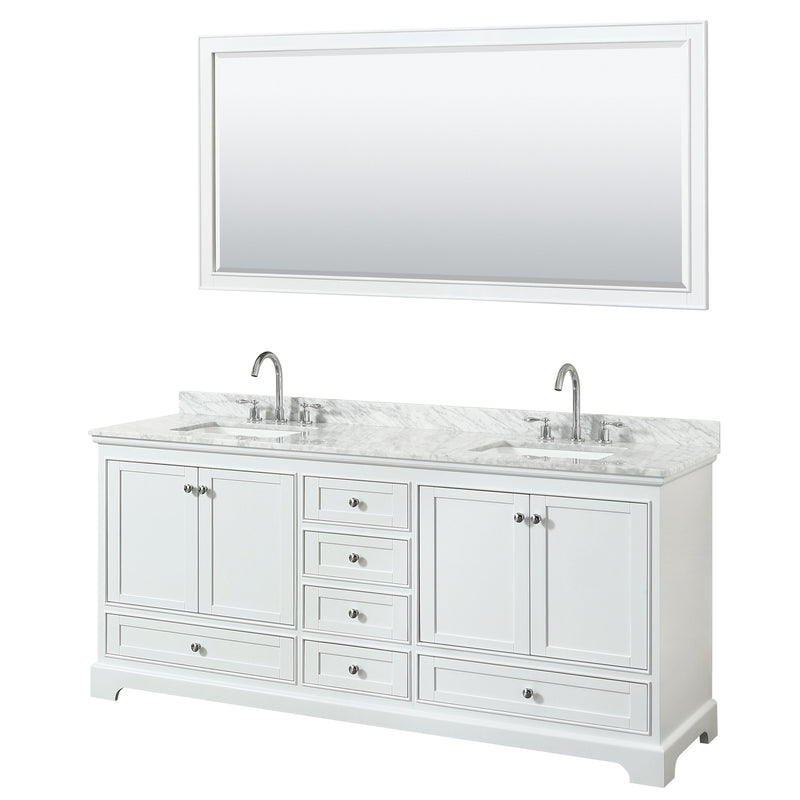 Wyndham Deborah 80" Double Bathroom Vanity In White White Carrara Marble Countertop Undermount Square Sink And 70" Mirror WCS202080DWHCMUNSM70