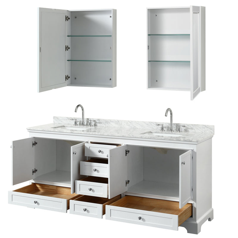 Wyndham Deborah 80" Double Bathroom Vanity In White with White Carrara Marble Countertop Undermount Square Sinks and Medicine Cabinets WCS202080DWHCMUNSMED