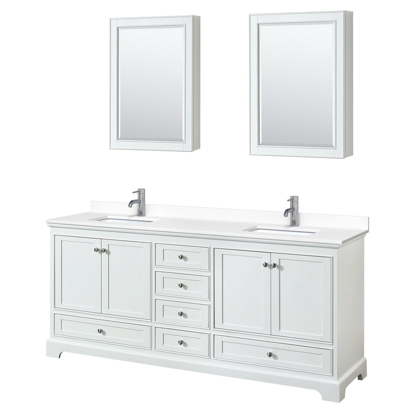 Wyndham Deborah 80" Double Bathroom Vanity In White With White Cultured Marble Countertop Undermount Square Sinks And Medicine Cabinets WCS202080DWHWCUNSMED