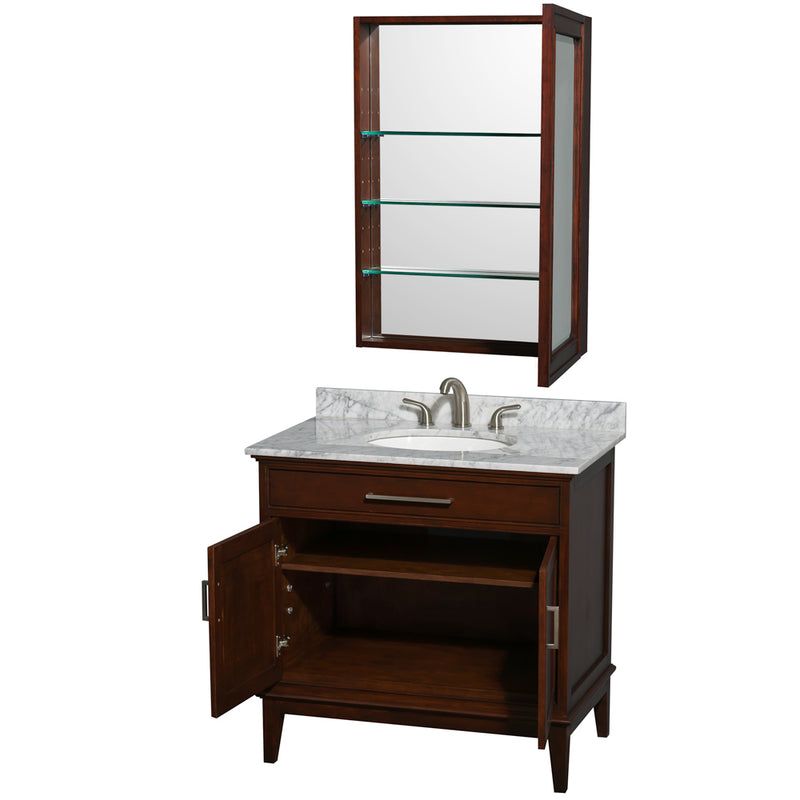 Wyndham AAA Hatton 36" Single Bathroom Vanity In Dark Chestnut White Carrara Marble Countertop Undermount Oval Sink and Medicine Cabinet WCV161636SCDCMUNRMED